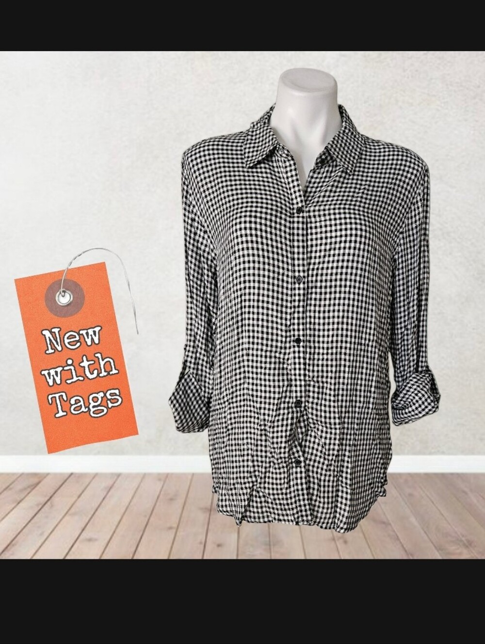 NWT/ love Fire Black & White Rayon Gingham Button-Down Shirt XL